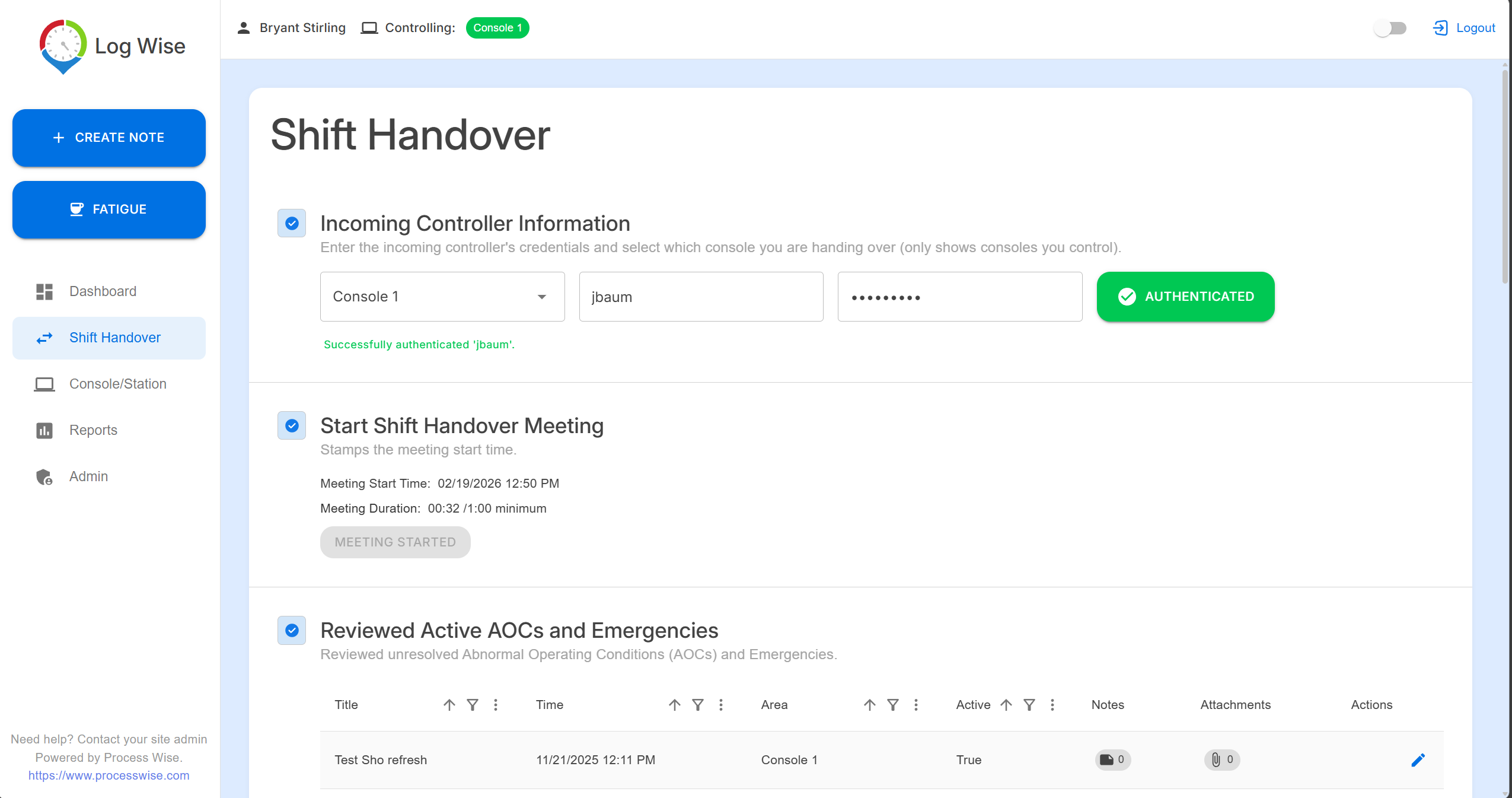 Log Wise shift handover process